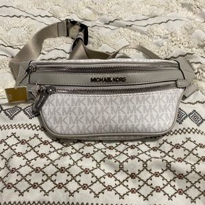 NWT Michael Kors Waist Kenly Signature White Coated Canvas Cross Body Bag